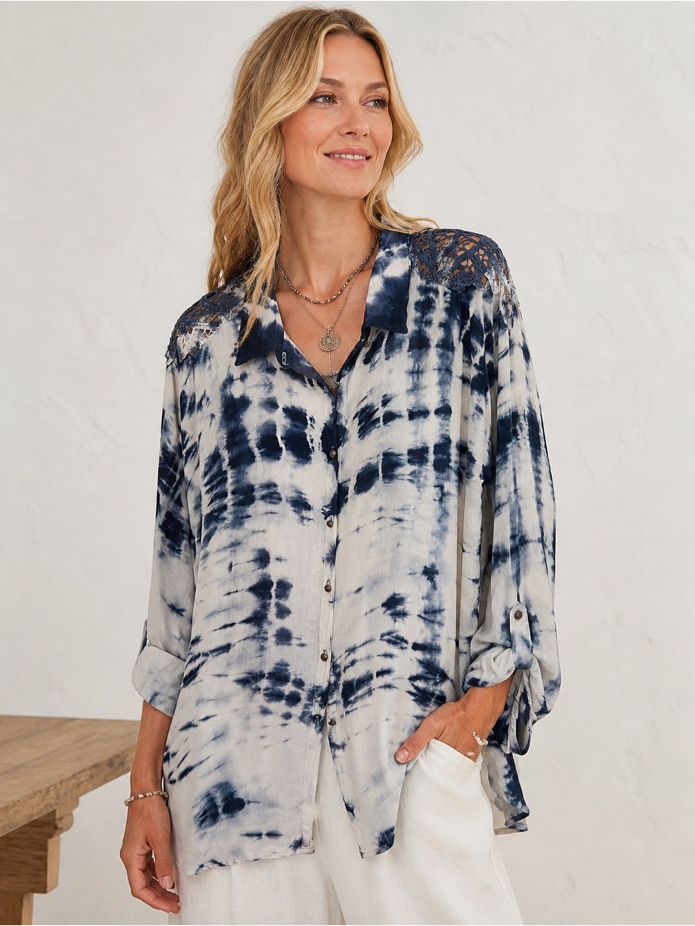 Aratta Silent Journey Tie Dye Lace Back Button Down Blouse M Boho Lagenlook